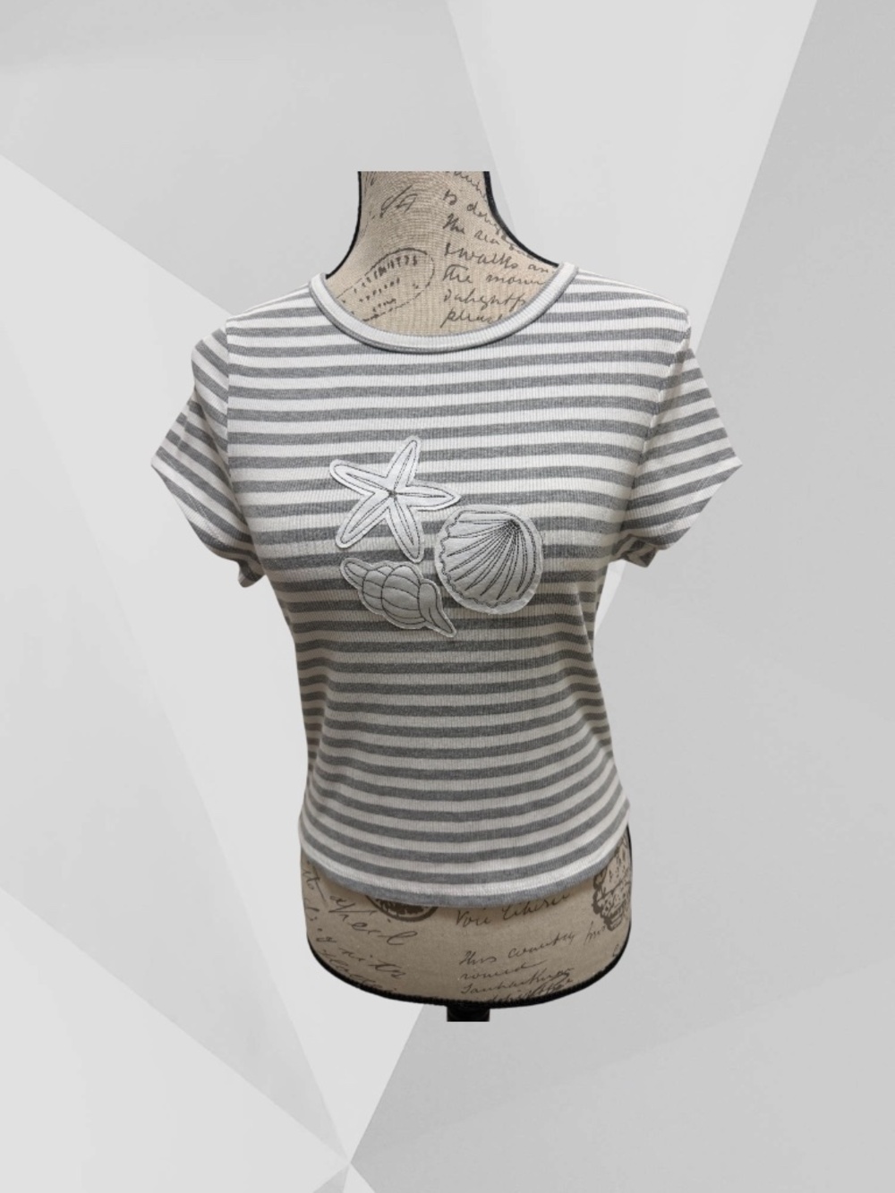 ALTER'D STATE Adorable Crew Neck T Shirt Ocean Applique Gray/White Stripes L NWT